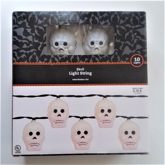 String Lights Mini Skulls VTG Halloween Decoration 10 pc Patio Bedroom In Out - Picture 1 of 3